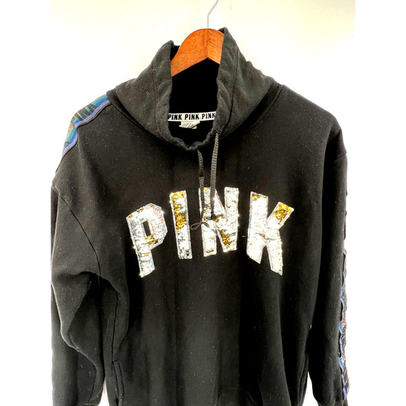 PINK Victoria Secret black sweatshirt with pockets flip sequins size small - Picture 2 of 5